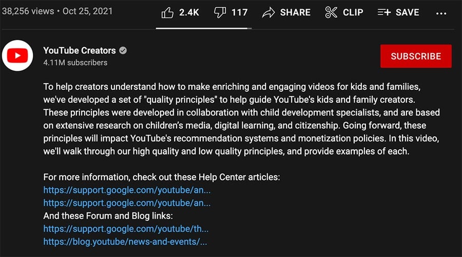 YouTube Creators message.