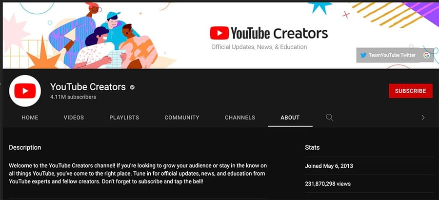 YouTube Creators description and message.